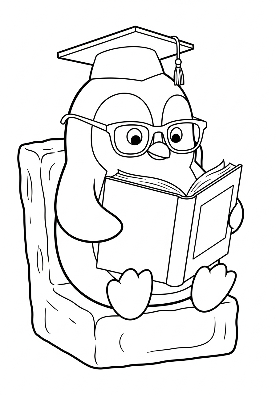 Smart penguin reading book glasses coloring page